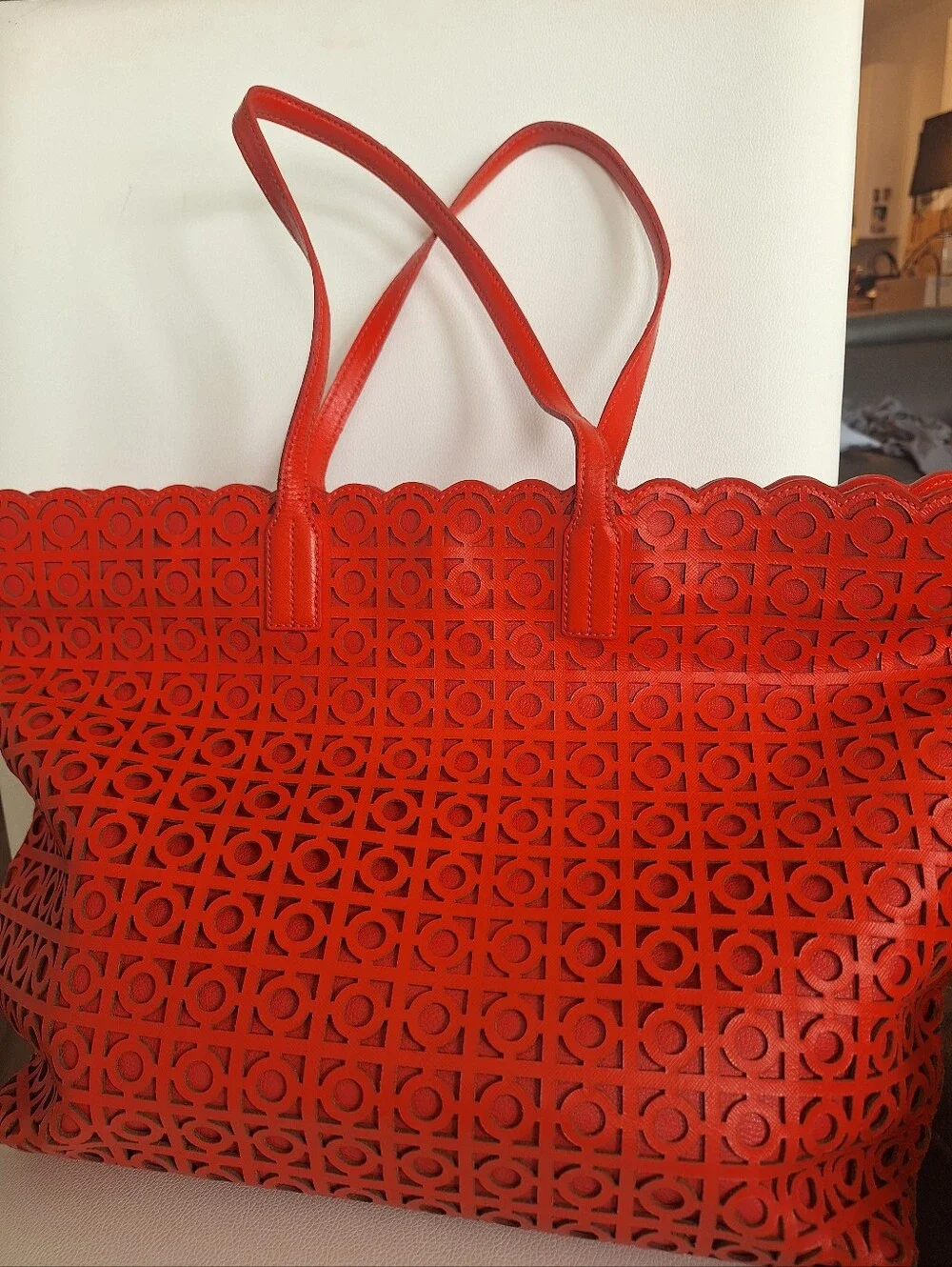 Tory Burch Coral Red Laser Cut Tote EUC